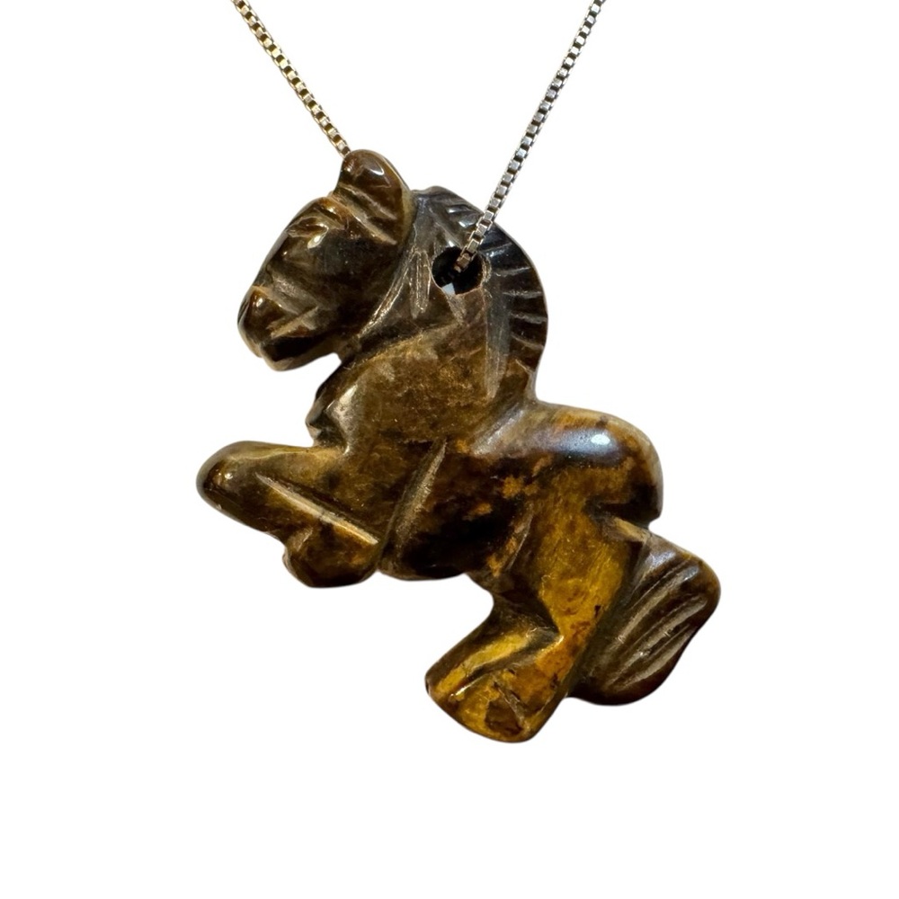 Carved Tiger Eye Stone Horse Pendant on Sterling 925 Box Chain